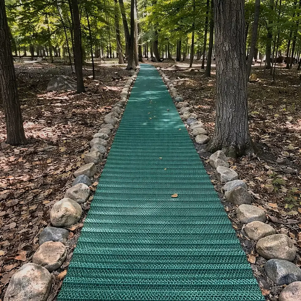 Sentier accessible en tapis GRASSMAT dans un boisé